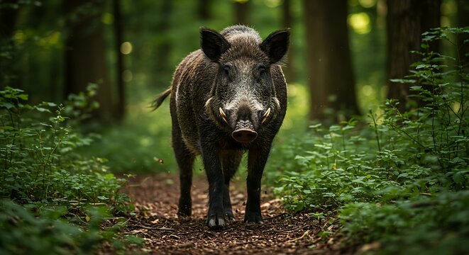 A wild boar charging through the forest with an intense gaze