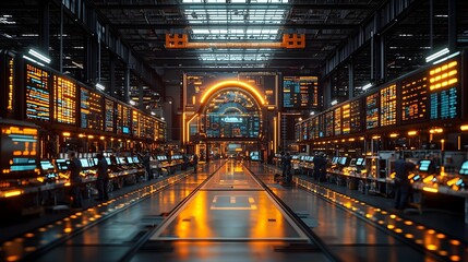 Glowing Warehouse Hub with Collaborative Team and Real Time Data Screens