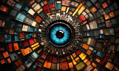 Fototapeta premium Blue eye observes colorful mosaic pattern, data visualization concept