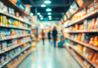A grocery store aisle with fresh produce vegetables and shelves with various products on the right. Two people are walking down the aisle with a shopping cart.