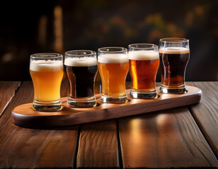 A set of beer flight glasses on a wooden paddle, perfectly arranged for a tasting experience