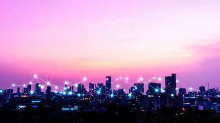 Fototapeta premium A glowing network overlaying a city silhouette under a stunning pink sunset sky, highlighting modern connectivity and urban advancement.