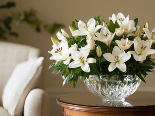Elegant White Lily Bouquet in Crystal Vase on Table with Living Room Interior