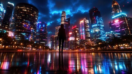 Obraz premium A silhouette stands by a reflective surface, gazing at a vibrant, illuminated city skyline under a dramatic night sky.