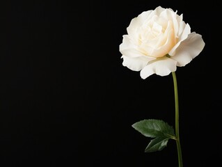 Fototapeta premium Delicate White Rose with Leaf on Black: Elegant Floral Still Life Perfect for Invitations, Romance