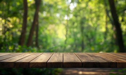 Fototapeta premium Wooden Table Surface in Forest Setting for Product Mockups Display