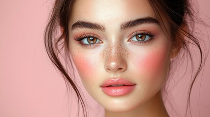 Fototapeta premium Woman's Face, Pink Background, Makeup