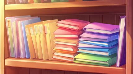 Colorful Books and Folders on Wooden Shelf