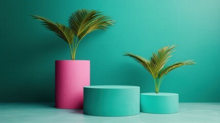 Vibrant Tropical Plants in Colorful Pots on Trendy Background