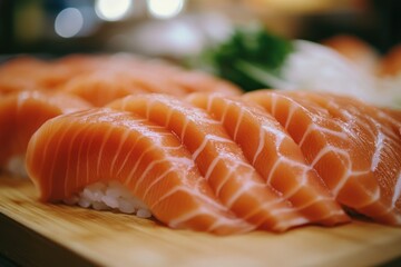 fresh salmon slices for sashimi on the counter in a sushi restaurant