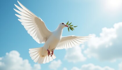 Fototapeta premium White dove mid-flight against a bright blue sky with scattered clouds, holding an olive branch in its beak. Peace, hope, and purity. Peace initiatives, religious contexts, and inspirational content.