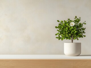 Modern Indoor Plant in White Pot on Wooden Table, Minimalist Home Decor with Greenery