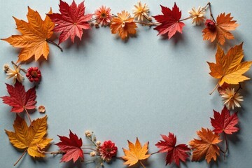 Autumnal Frame of Vibrant Maple Leaves and Delicate Flowers on a Soft Blue Background
