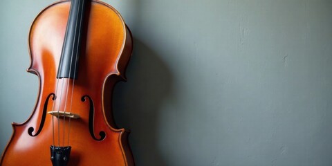 Fototapeta premium A polished cello rests against a textured wall, showcasing its rich amber hue and intricate details. The instrument's elegant curves and subtle shadows create a captivating visual harmony.