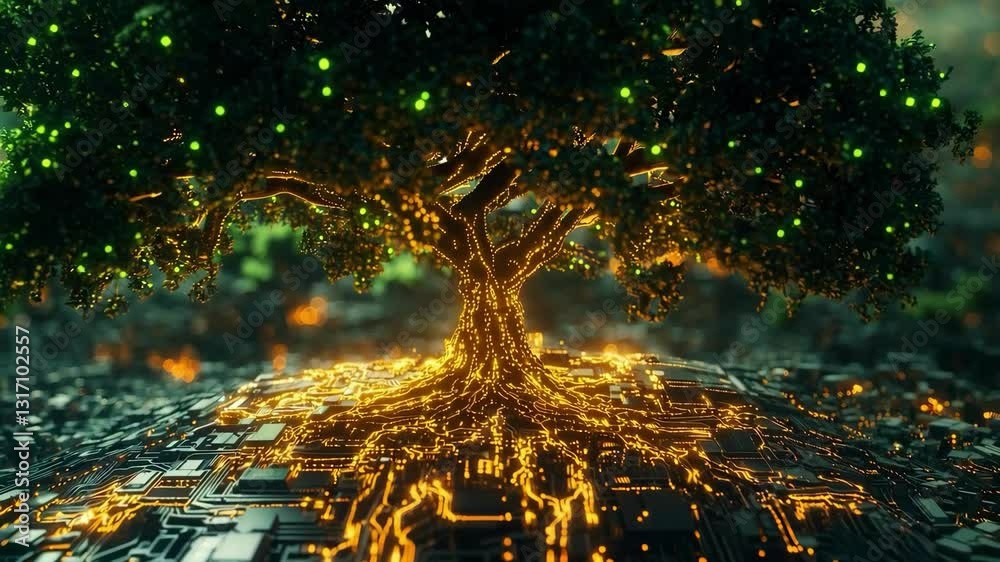 Poster tree growing from circuit board with glowing lights, technology and nature concept