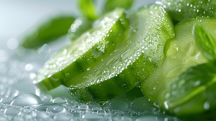 A high-resolution close-up of cucumbers covered in water droplets, emphasizing their freshness, placed on a white background.