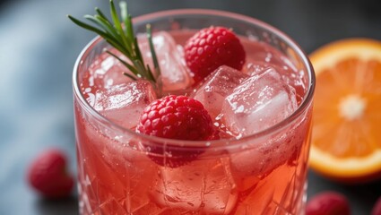 Refreshing Raspberry Citrus Cocktail Garnished with Fresh Herbs and Ice on a Dark Surface