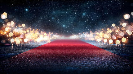 Red Carpet Spotlight With Glittering Golden Bokeh Effect On Dark Starry Night Background Elegant Illuminated Pathway