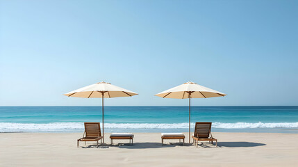 Obraz premium Two Wooden Beach Chairs With Beige Umbrellas On White Sand Beach With Turquoise Ocean And Blue Sky Background