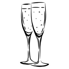 Pair of Champagne Glasses Outline Champagne Flute Vector Sparkling Champagne in Glass Illustration Luxury Element Celebration Drink Menu Bar Vintage Hand Drawn Glass Toast