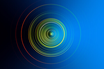 Abstract Radial Motion Blur on a blue Background. Yellow, red circles. Circle template for label, fabric, clothing or brochure design. Background for modern graphic design and text.