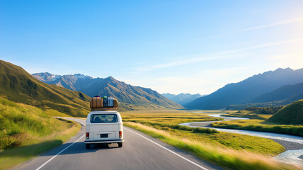 retro van with luggage on roof drives through scenic landscape, surrounded by mountains and river. bright sky enhances feeling of adventure and freedom