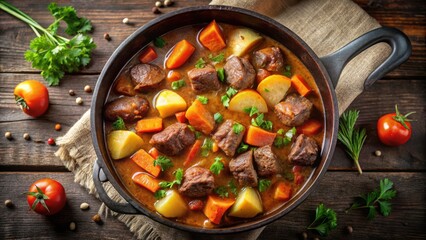 Aromatic Stew with Tender Meat Cubes and Colorful Vegetables in a Rustic Cast Iron Pot