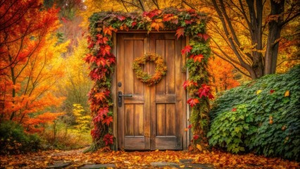 Autumnal Wooden Doorway Adorned with Seasonal Foliage and Wreath in a Vibrant Fall Landscape