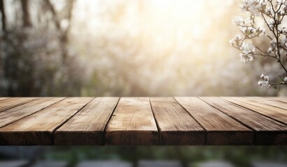 Fototapeta premium Wooden Tabletop with Blossoming Cherry Tree and Sunny Spring Background
