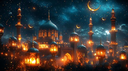 Glowing Mosque at Night Under Starry Sky with Crescent Moons