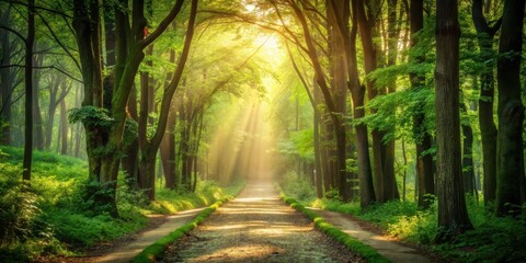 Obraz premium Sunlit Path Through a Lush Green Forest, Bathed in the Golden Rays of Dawn