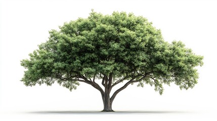 Lush green tree stands tall against bright white background. AI Generated