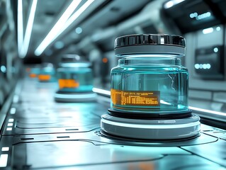 Futuristic lab samples on automated conveyor.