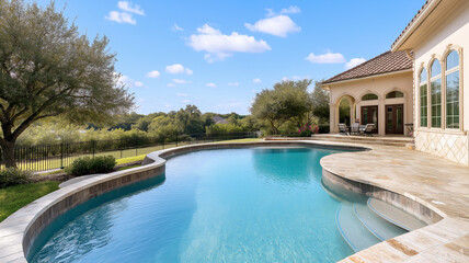 Luxurious home with stunning pool and spacious backyard, surrounded by lush greenery and blue skies, perfect for relaxation and outdoor gatherings