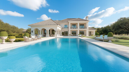 Obraz premium Luxurious home with stunning swimming pool, surrounded by lush greenery and elegant landscaping. perfect blend of comfort and in serene outdoor setting