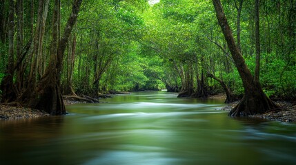 Fototapeta premium Lush green forest with a peaceful river flowing through creating serenity scene
