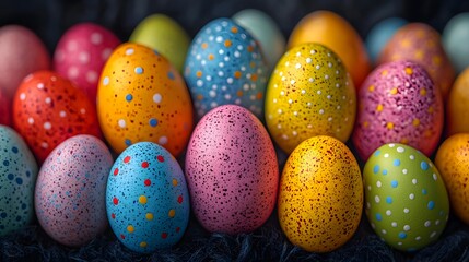 Fototapeta premium Brightly colored Easter eggs with unique speckle designs arranged in a vibrant closeup.