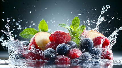 A Refreshing Splash of Mixed Berries and Apple Slices with Water Droplets and Mint Sprigs on a Reflective Surface