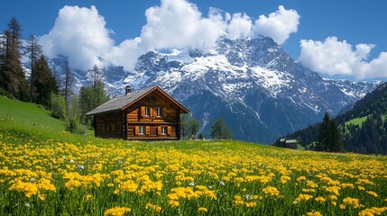 Fototapeta premium Rustic wooden cabin nestled peacefully in vibrant yellow flower field majestic mountains backdrop. AI Generated