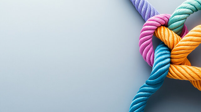 Colorful ropes intertwined on soft grey background create vibrant and dynamic visual. knots and textures add depth, making it engaging image for various uses