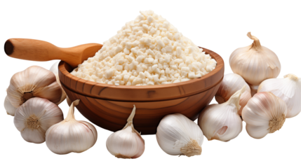 Minced Garlic in Wooden Bowl Organic Ingredient for Healthy Cooking, Natural Flavor Recipes, isolated on transparent background.