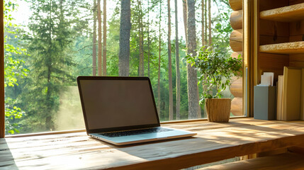 Fototapeta premium Laptop With Blank Screen On Wooden Desk In Rustic Log Cabin Home Office Workspace With Forest View And Natural Light