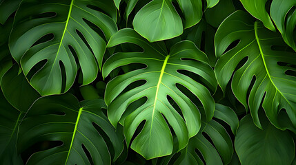 Obraz premium Lush Green Tropical Monstera Leaves Closeup Texture and Pattern Ideal for Nature Backgrounds