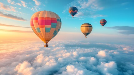 Fototapeta premium Vibrant hot air balloons float in clear blue sky with multicolored designs, drifting above fluffy clouds in serene, dreamy travel scene capturing freedom and inspirational wanderlust.