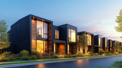 Obraz premium Modern row of houses with black panels and wooden accents, showcasing large windows reflecting warm light. scene captures serene evening atmosphere with lush greenery