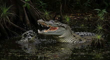 Fototapeta premium An aggressive crocodile emerging from a swamp with sharp teeth exposed