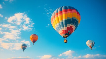 Vibrant hot air balloons float in clear blue sky with multicolored designs, drifting above fluffy clouds in serene, dreamy travel scene capturing freedom and inspirational wanderlust.