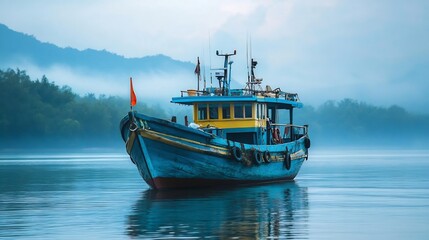 Obraz premium Serene blue fishing boat floats calmly on misty water. AI Generated