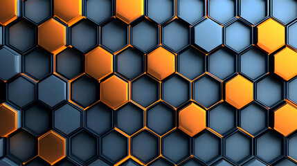 3D Rendered Abstract Background With Orange And Blue Hexagonal Grid Pattern And Gradient Metallic Effect In Dark Futuristic Style