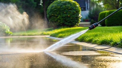 Power washing patio surface cleaning outdoor paved area with high pressure water stream, creating a refreshing clean look